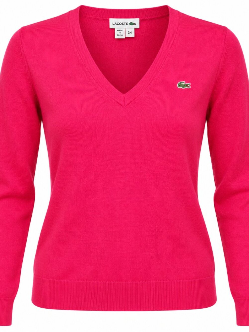 Lacoste Womens Sweater Size 34 US XS Pink V Neck Long Sleeve Crocodile Logo